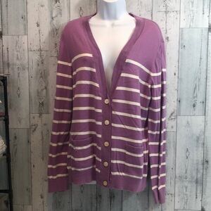 Chaps Purple White Striped Button Front Pockets Cardigan Extra Large